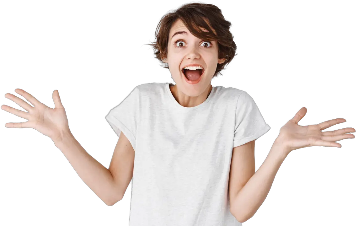 Woman in white t-shirt expressing excitement with arms open